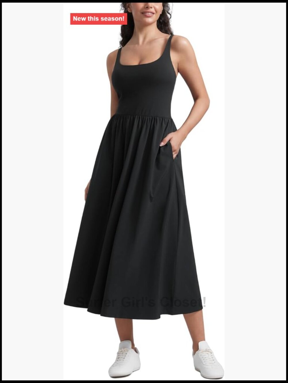 Square Neck Maxi Tank Dress Sleeveless Built-in Bra Side Pockets Casual